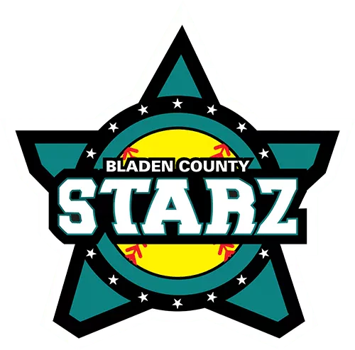 Bladen County Starz logo - teal star with black border, a yellow softball centered on the star with red seams surrounded by a black circle border with white stars in the border, and 