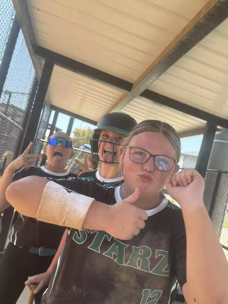 Dugout fun with Haley, Kimberlin, and Abby at Tier One Edge Showcase tournament - August 9-10, 2025 in Raleigh, NC