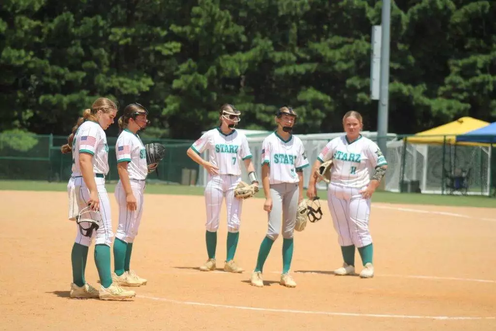 Infielders in the circle in Apex, NC on July 19, 2025
