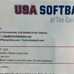 An invitation to Bladen County Starz to compete in the 2025 USA Softball Junior Olympic Invitational in September 2025.