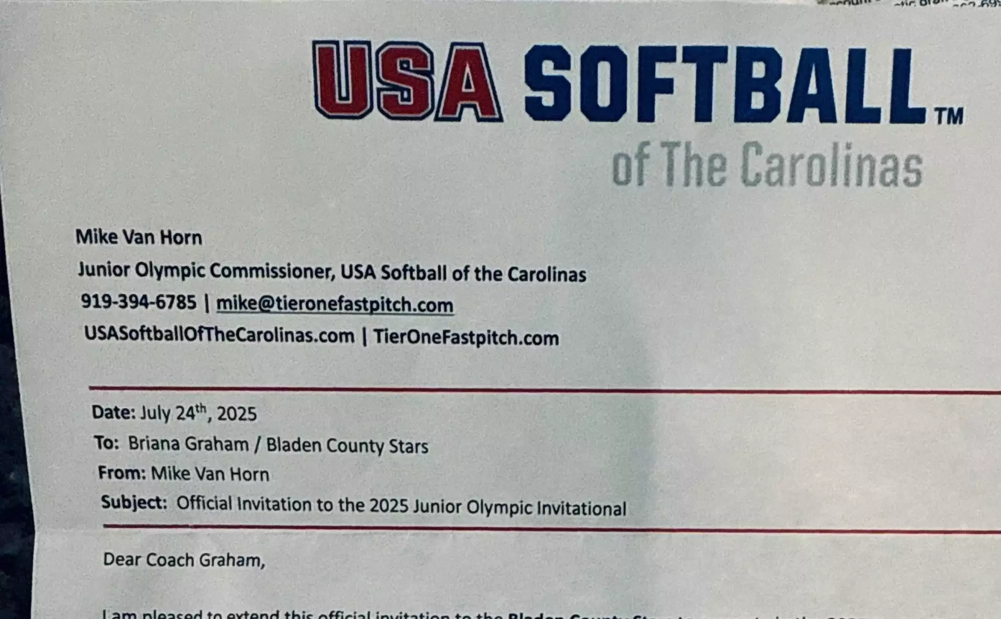 An invitation to Bladen County Starz to compete in the 2025 USA Softball Junior Olympic Invitational in September 2025.