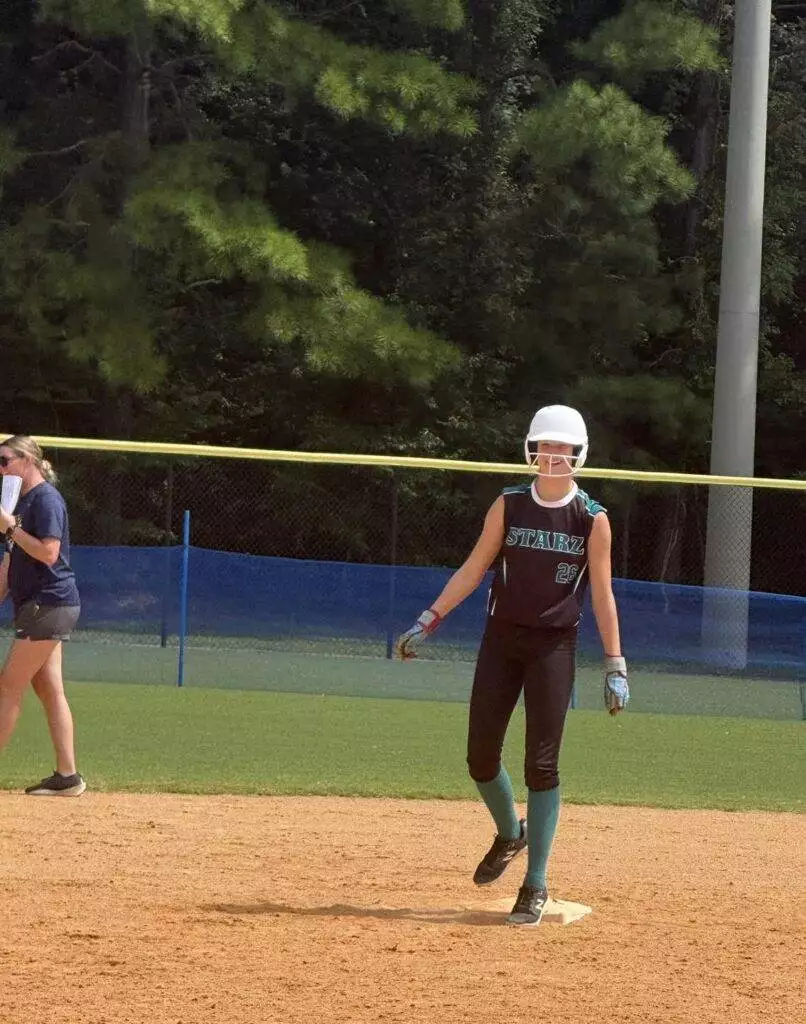 Jayden on base at Tier One Edge Showcase tournament - August 9-10, 2025 in Raleigh, NC