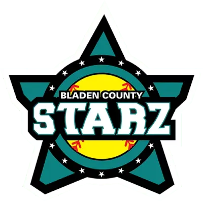 Bladen County Starz logo - teal star with black border, a yellow softball centered on the star with red seams surrounded by a black circle border with white stars in the border, and 