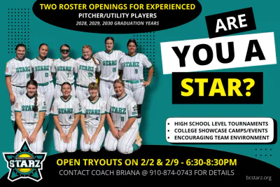 Open tryouts for two roster spots happening 2/2 and 2/9/2026 from 6:30-8:30pm.